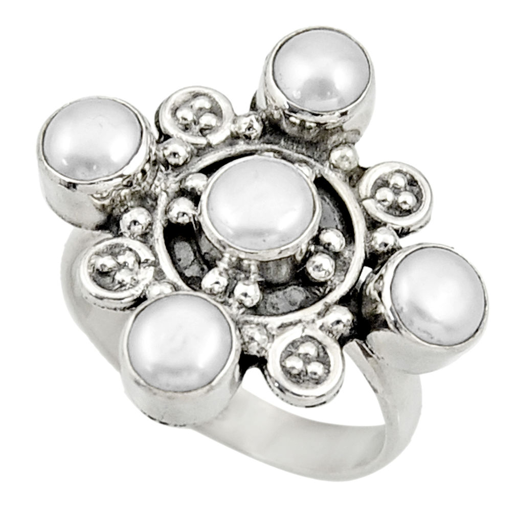 925 sterling silver 4.38cts natural white pearl round ring jewelry size 9 d33924