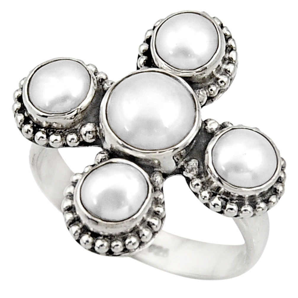 925 sterling silver 4.55cts natural white pearl round ring jewelry size 8 d33939