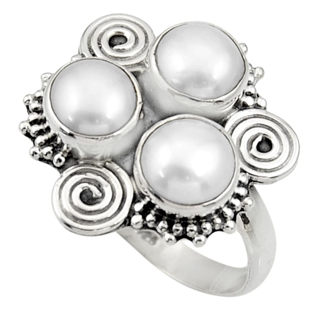 925 sterling silver 7.51cts natural white pearl round ring jewelry size 7 d33957