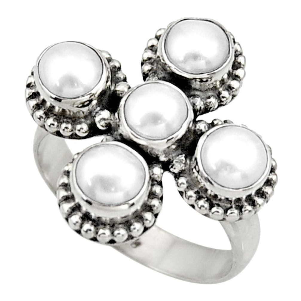 925 sterling silver 4.52cts natural white pearl round ring jewelry size 7 d33977