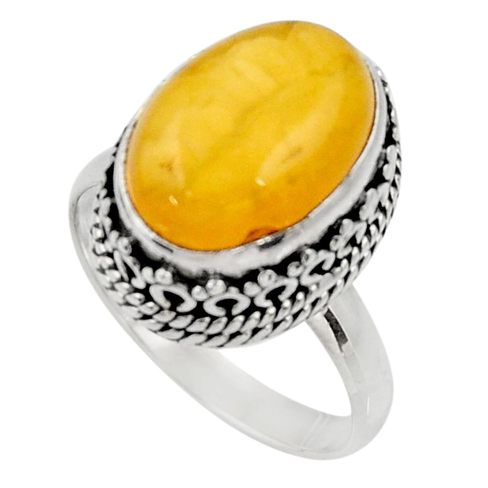 925 silver 6.31cts natural yellow amber bone oval solitaire ring size 8 d34127