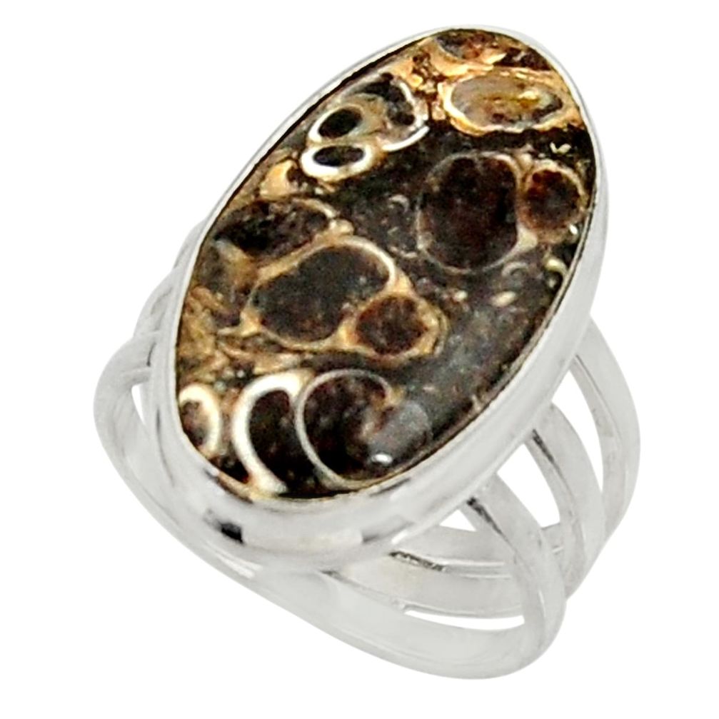 Natural turritella fossil snail agate 925 silver solitaire ring size 7.5 d34266