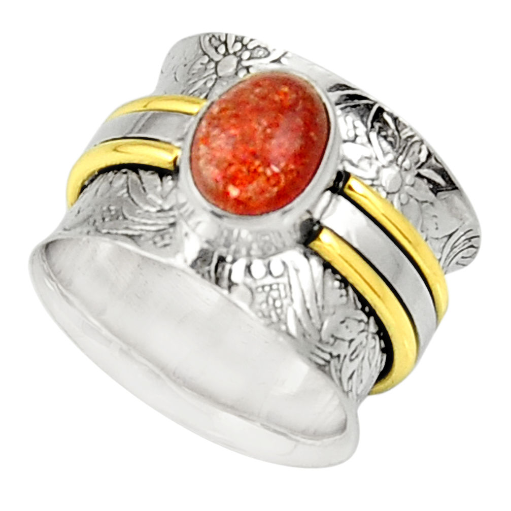 2.81cts victorian natural orange sunstone silver two tone ring size 7.5 d34352