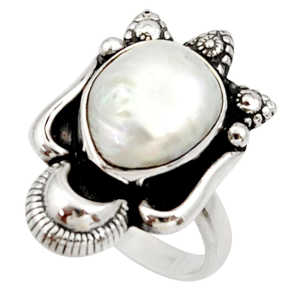 6.48cts natural white biwa pearl 925 silver solitaire ring size 7.5 d34435