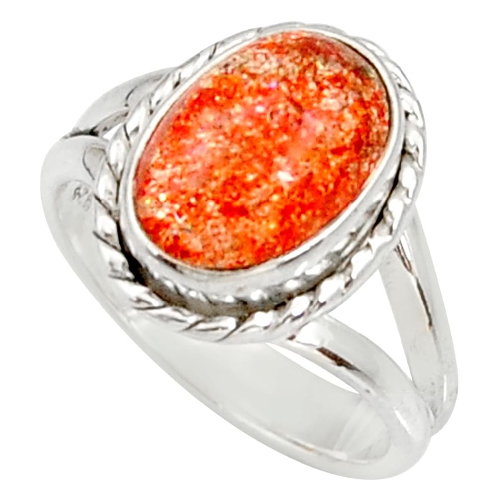 925 silver 4.53cts natural orange sunstone oval solitaire ring size 6.5 d34574