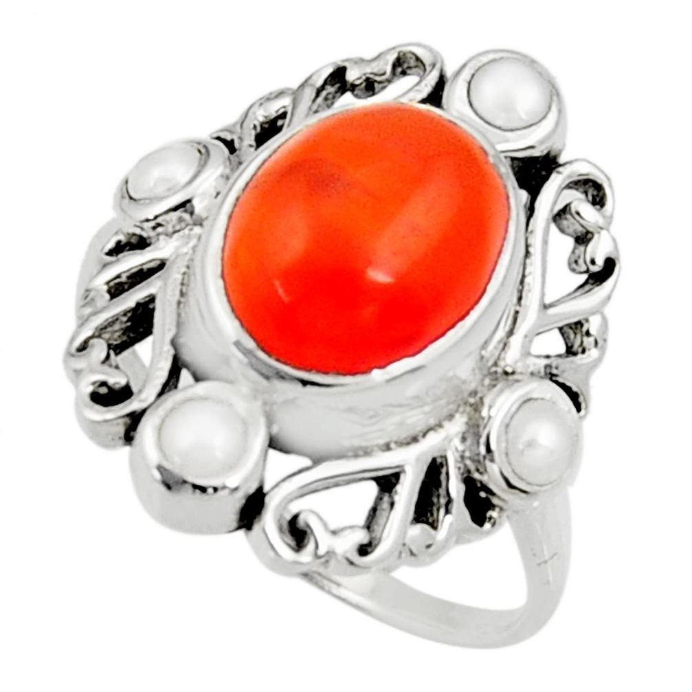 orange cornelian pearl 925 silver solitaire ring size 9 d35299