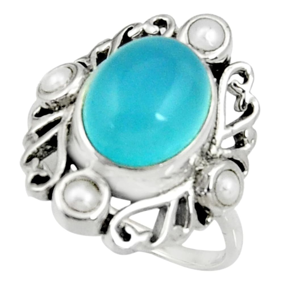 7.51cts natural aqua chalcedony pearl 925 silver solitaire ring size 8.5 d35309