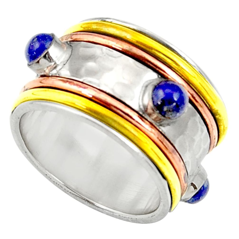 Victorian natural lapis lazuli 925 silver two tone spinner ring size 6.5 d35348