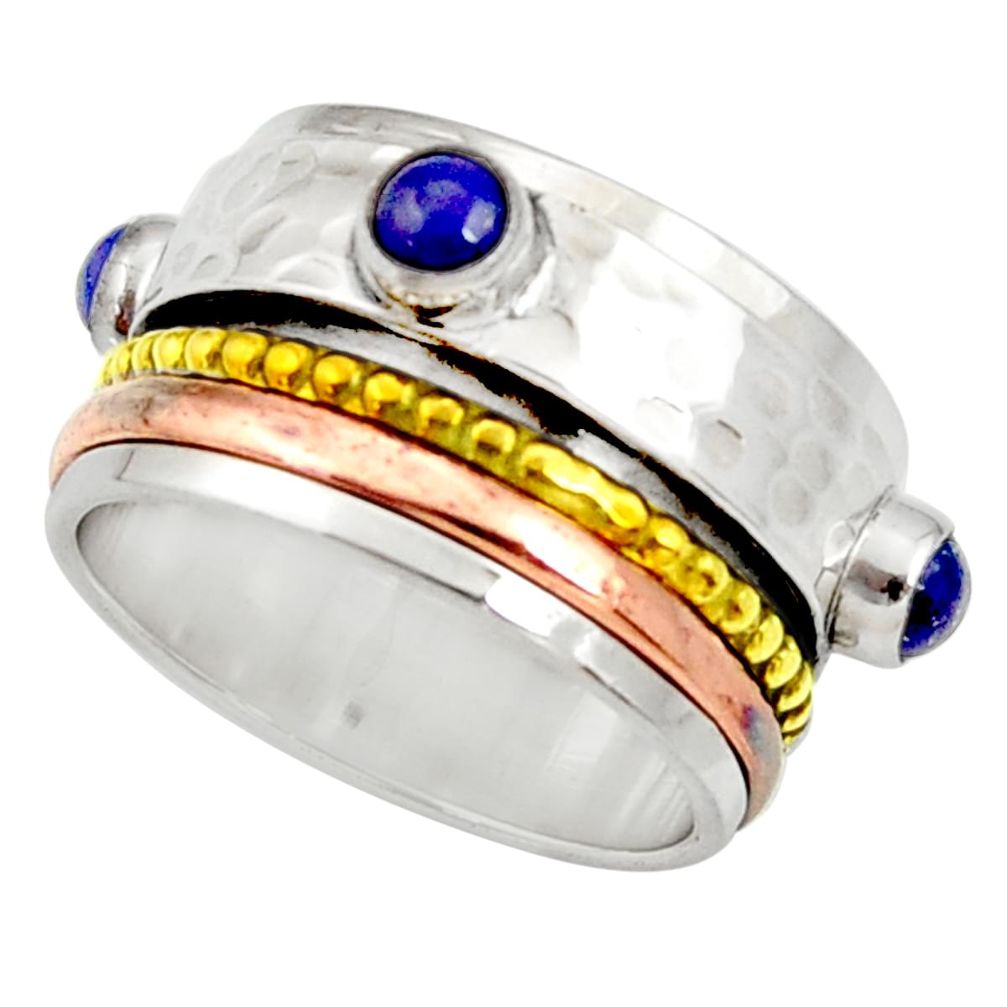 Victorian natural lapis lazuli 925 silver two tone spinner ring size 9 d35349