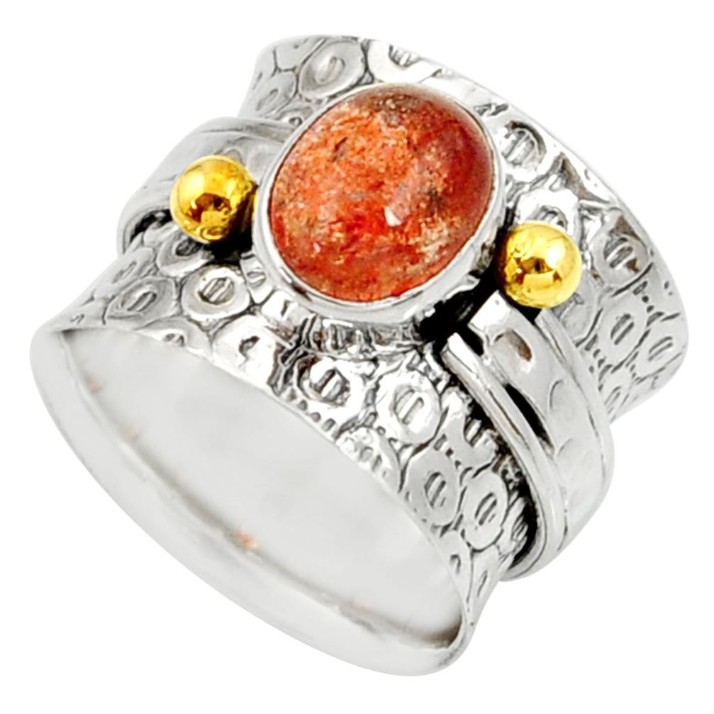 2.90cts victorian natural orange sunstone silver two tone ring size 6.5 d35351