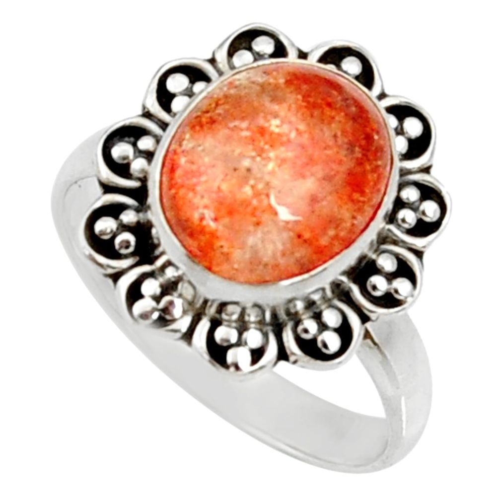 925 silver 5.08cts natural orange sunstone oval solitaire ring size 7.5 d35455