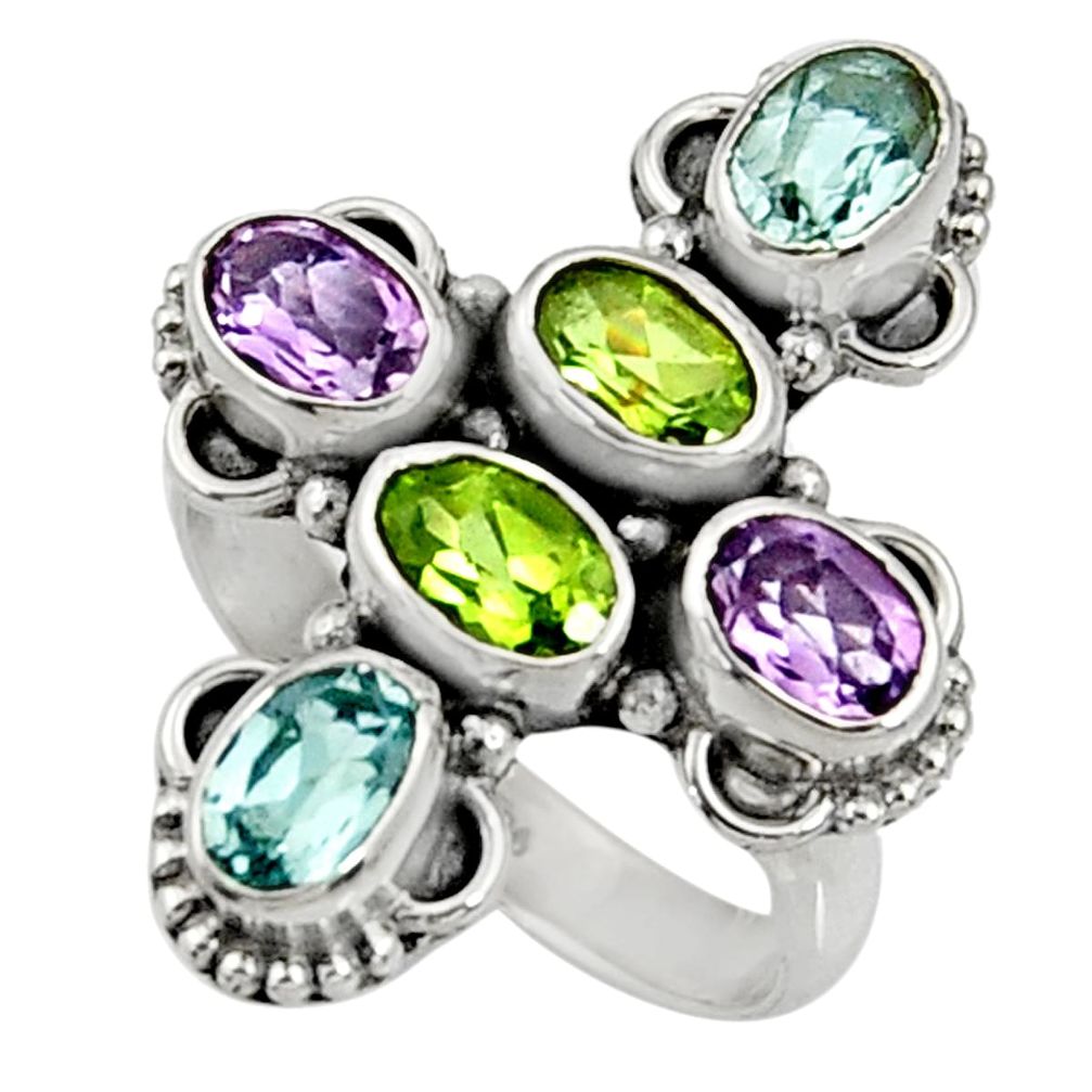 925 silver 6.54cts natural green peridot amethyst topaz ring size 7 d35512