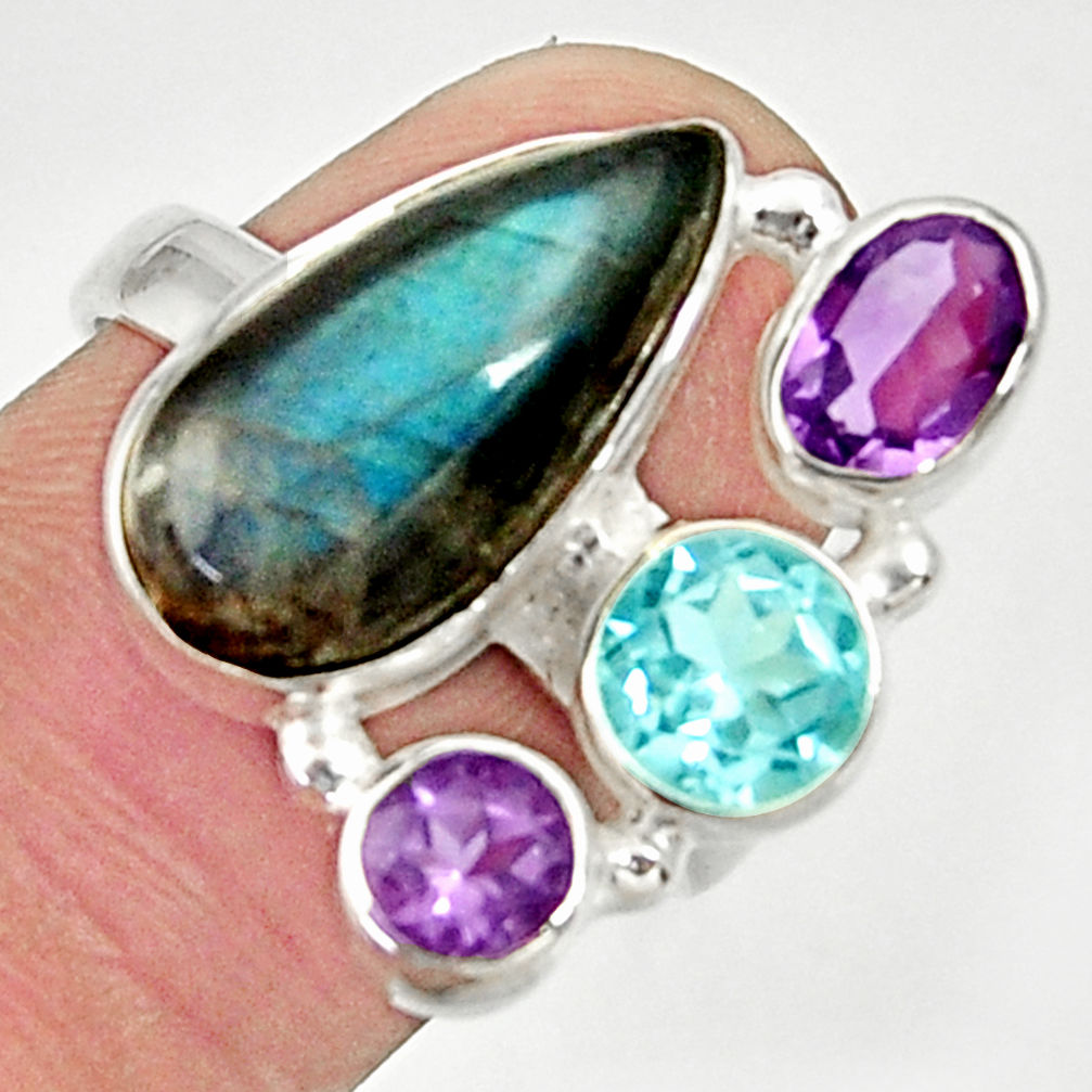 12.31cts natural blue labradorite amethyst topaz 925 silver ring size 8 d35523