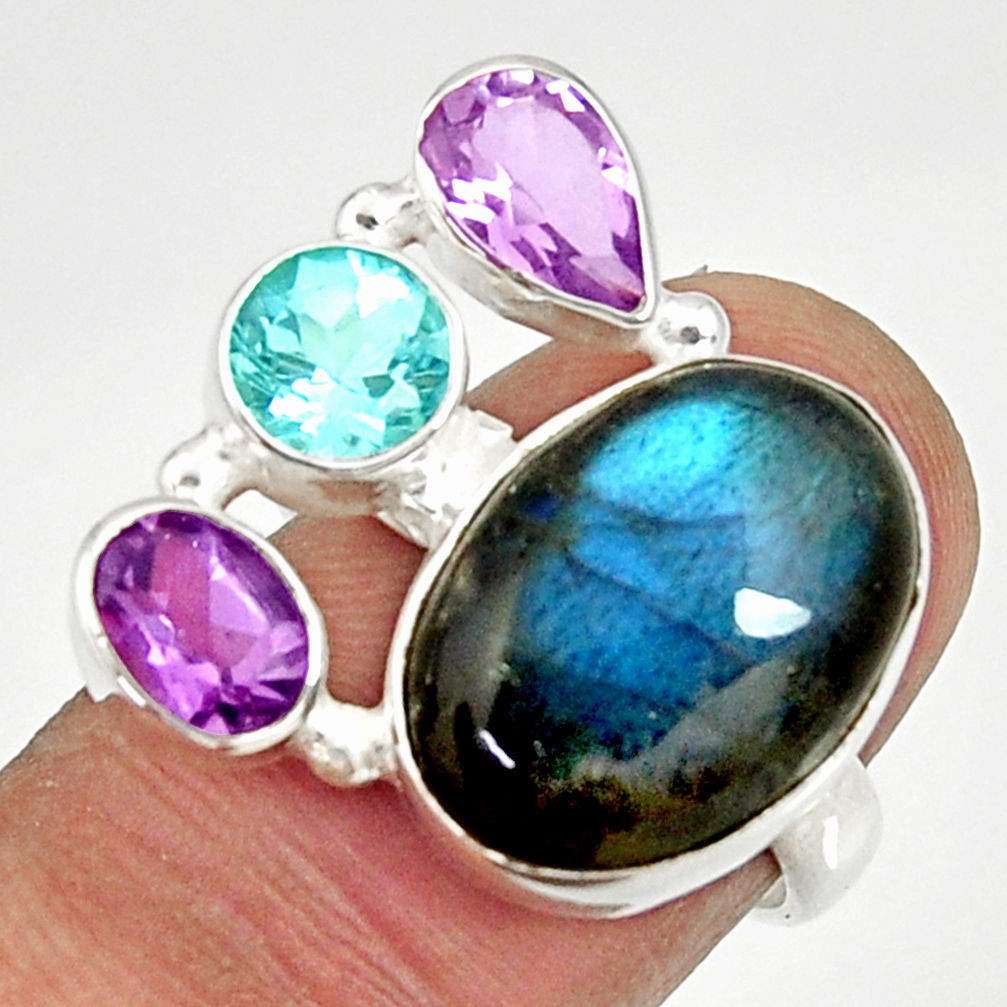 925 silver 13.79cts natural blue labradorite amethyst topaz ring size 7 d35524