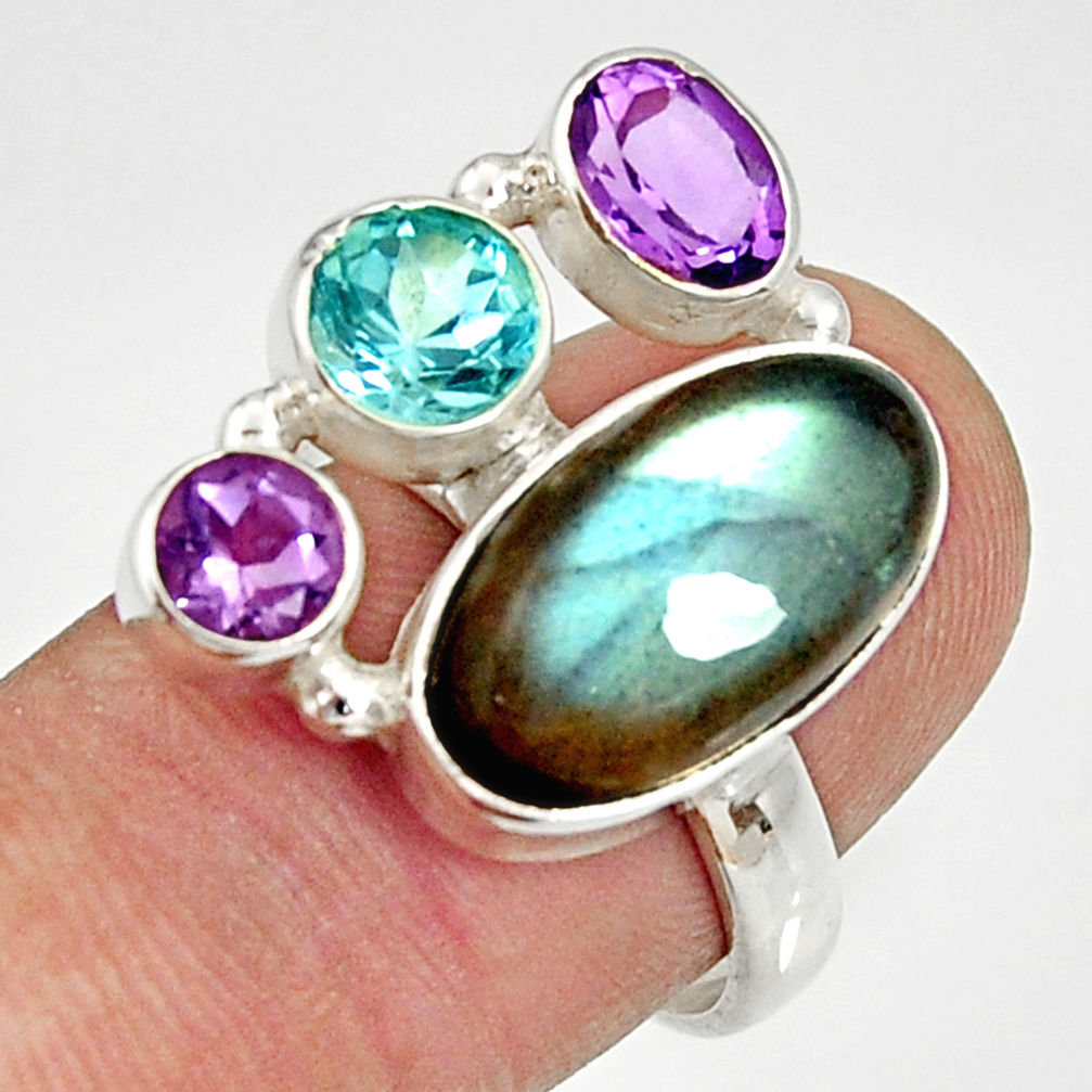 925 silver 11.71cts natural blue labradorite amethyst topaz ring size 8 d35526