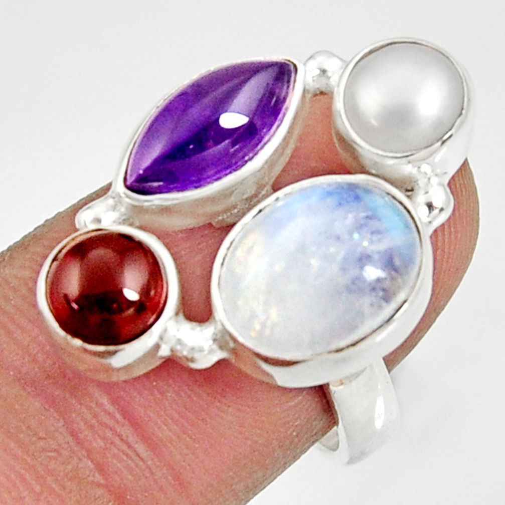 12.69cts natural rainbow moonstone amethyst pearl 925 silver ring size 7 d35528
