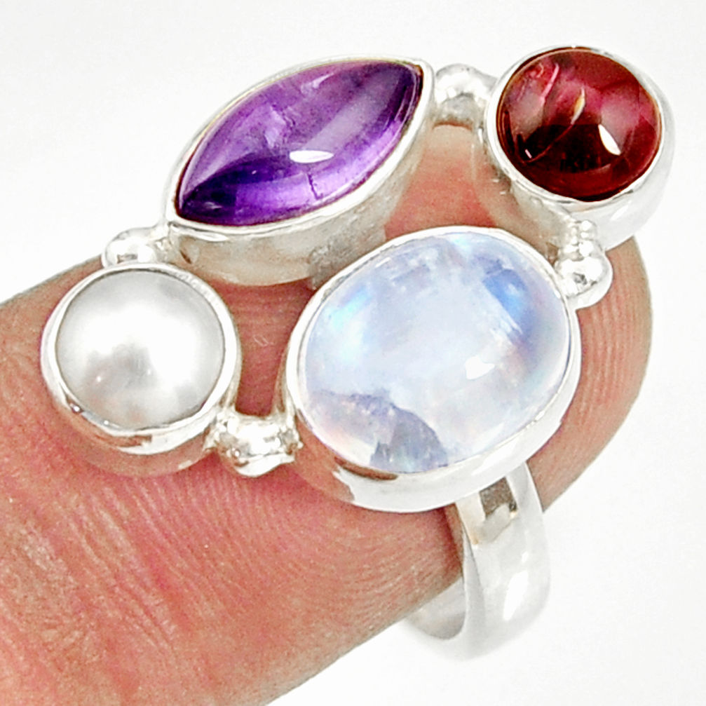 13.36cts natural rainbow moonstone amethyst pearl 925 silver ring size 8 d35529