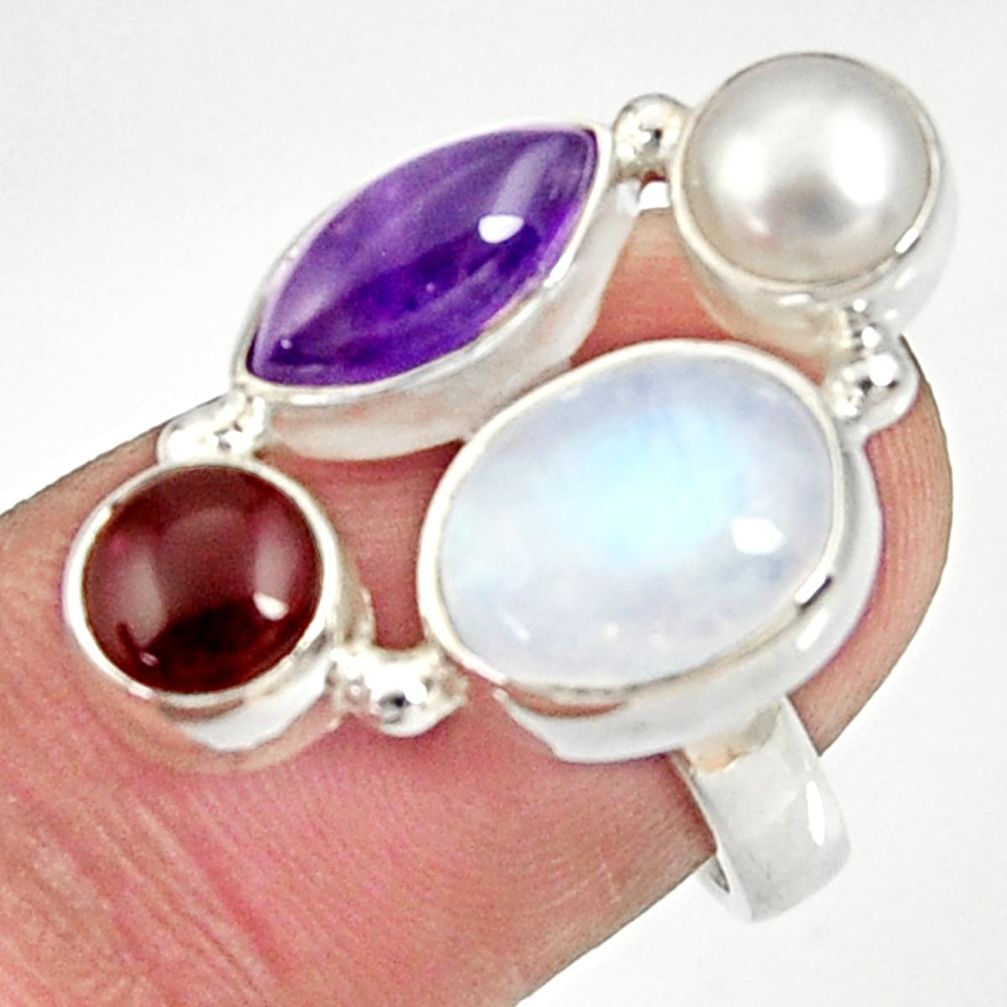925 silver 12.71cts natural rainbow moonstone amethyst pearl ring size 7 d35532