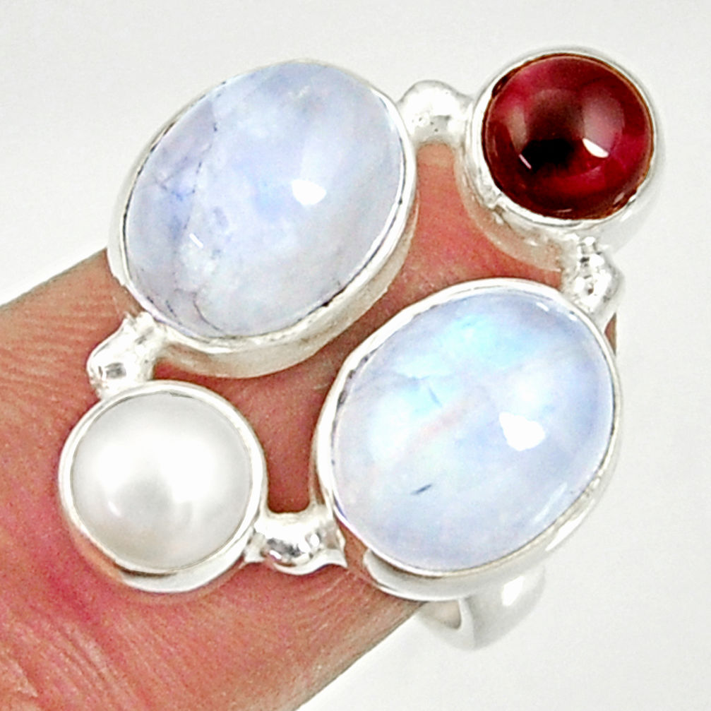 925 silver 11.95cts natural rainbow moonstone garnet pearl ring size 6.5 d35533