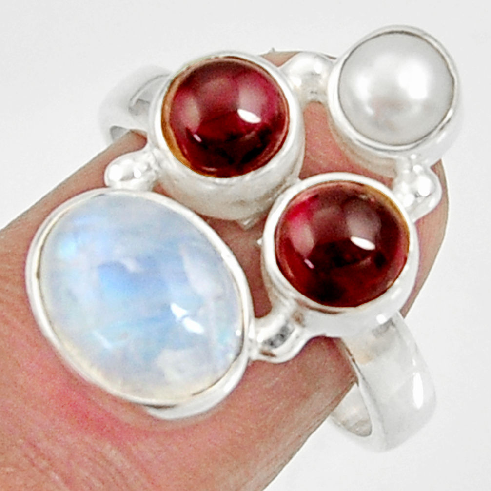 7.34cts natural rainbow moonstone garnet pearl 925 silver ring size 7.5 d35552