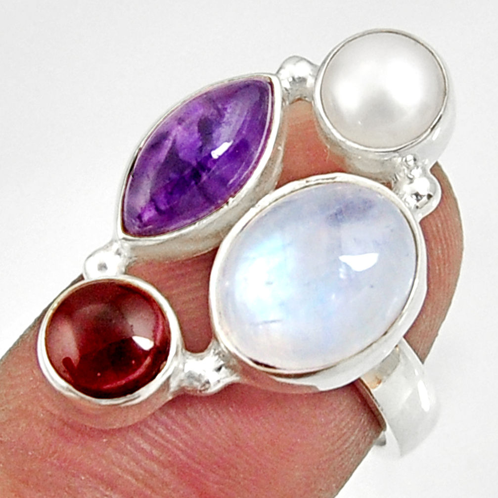 11.02cts natural rainbow moonstone amethyst pearl silver ring size 6.5 d35560