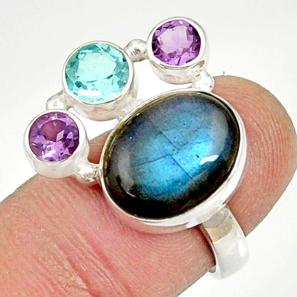 9.70cts natural blue labradorite amethyst topaz 925 silver ring size 6.5 d35582