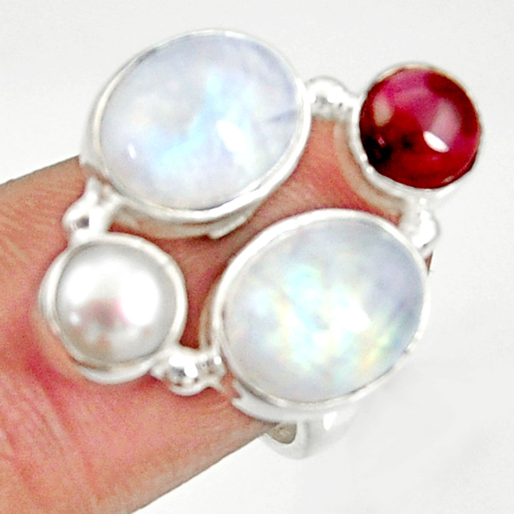 925 silver 10.54cts natural rainbow moonstone garnet pearl ring size 7 d35598