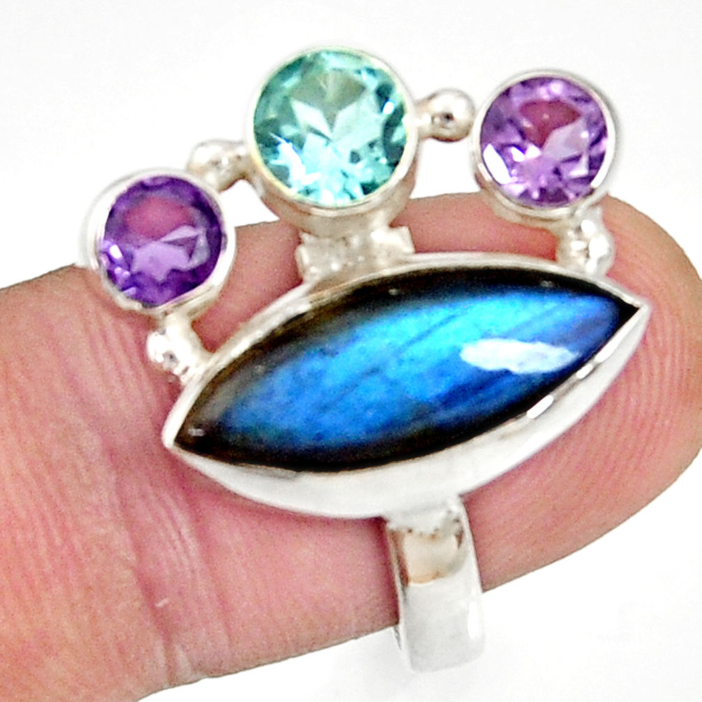 925 silver 11.89cts natural blue labradorite amethyst topaz ring size 7.5 d35617