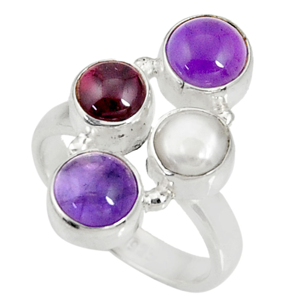 6.62cts natural purple amethyst red garnet pearl 925 silver ring size 7 d35623