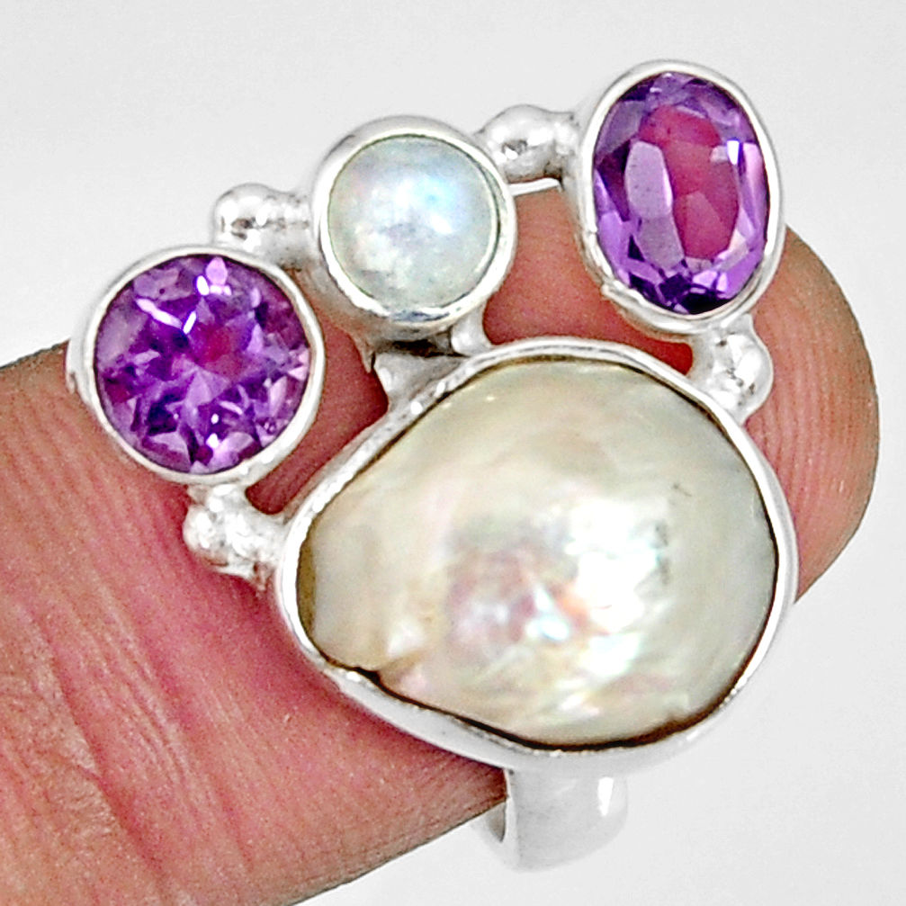 11.62cts natural biwa pearl moonstone amethyst 925 silver ring size 8 d35646