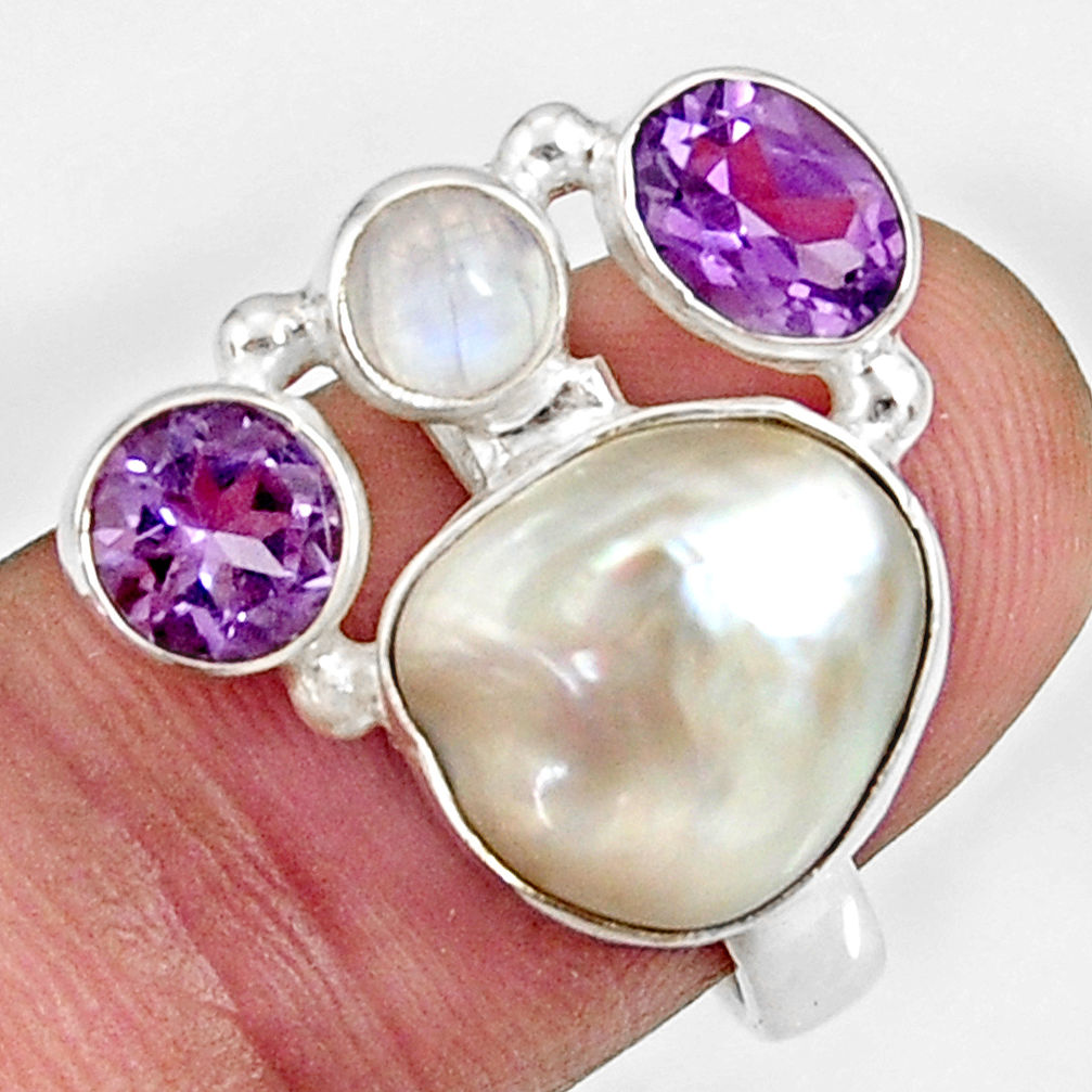 10.94cts natural white biwa pearl moonstone 925 silver ring size 7 d35651