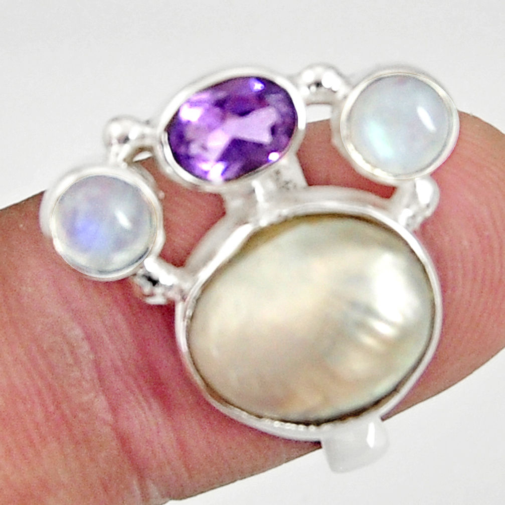 925 silver 10.02cts natural white biwa pearl moonstone ring size 6.5 d35653