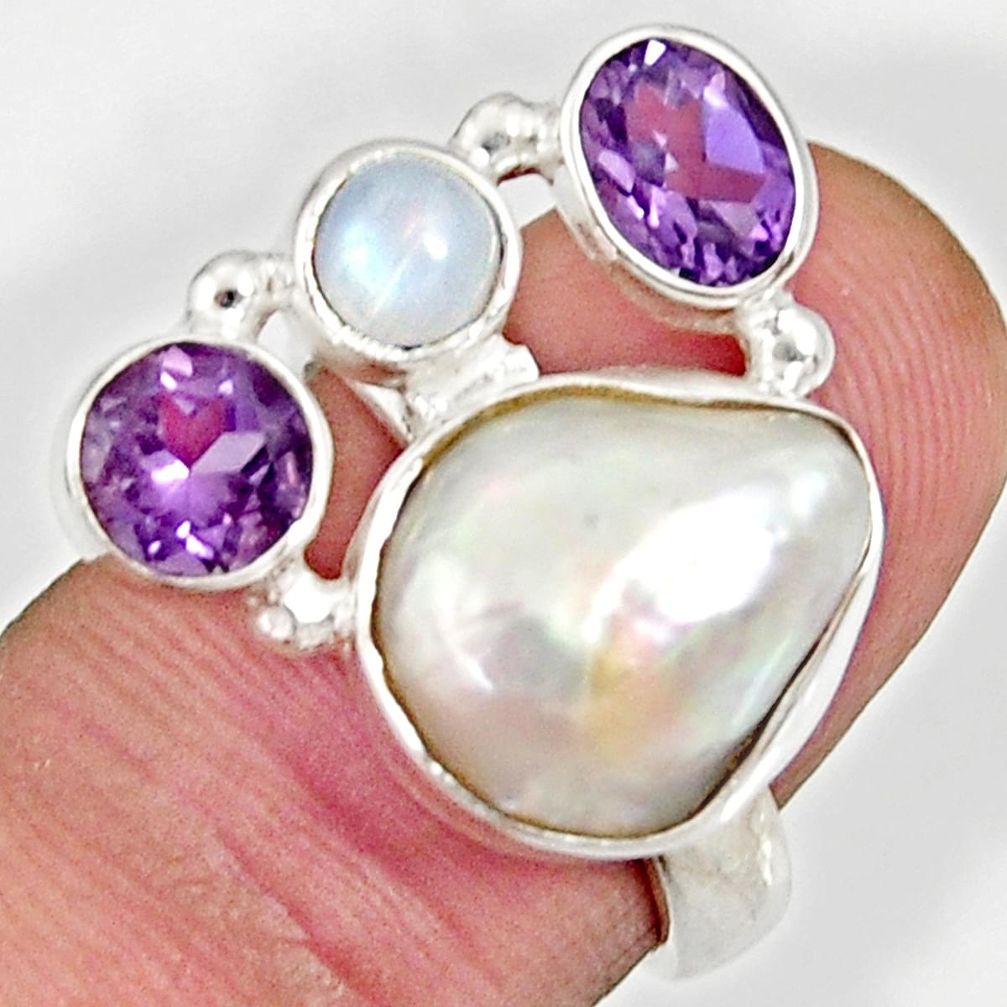 10.33cts natural white biwa pearl moonstone 925 silver ring size 7 d35657