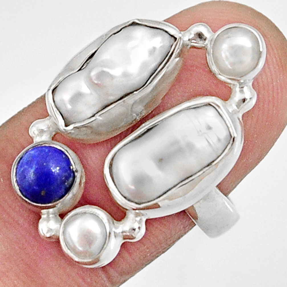 10.04cts natural white biwa pearl lapis lazuli 925 silver ring size 7 d35665