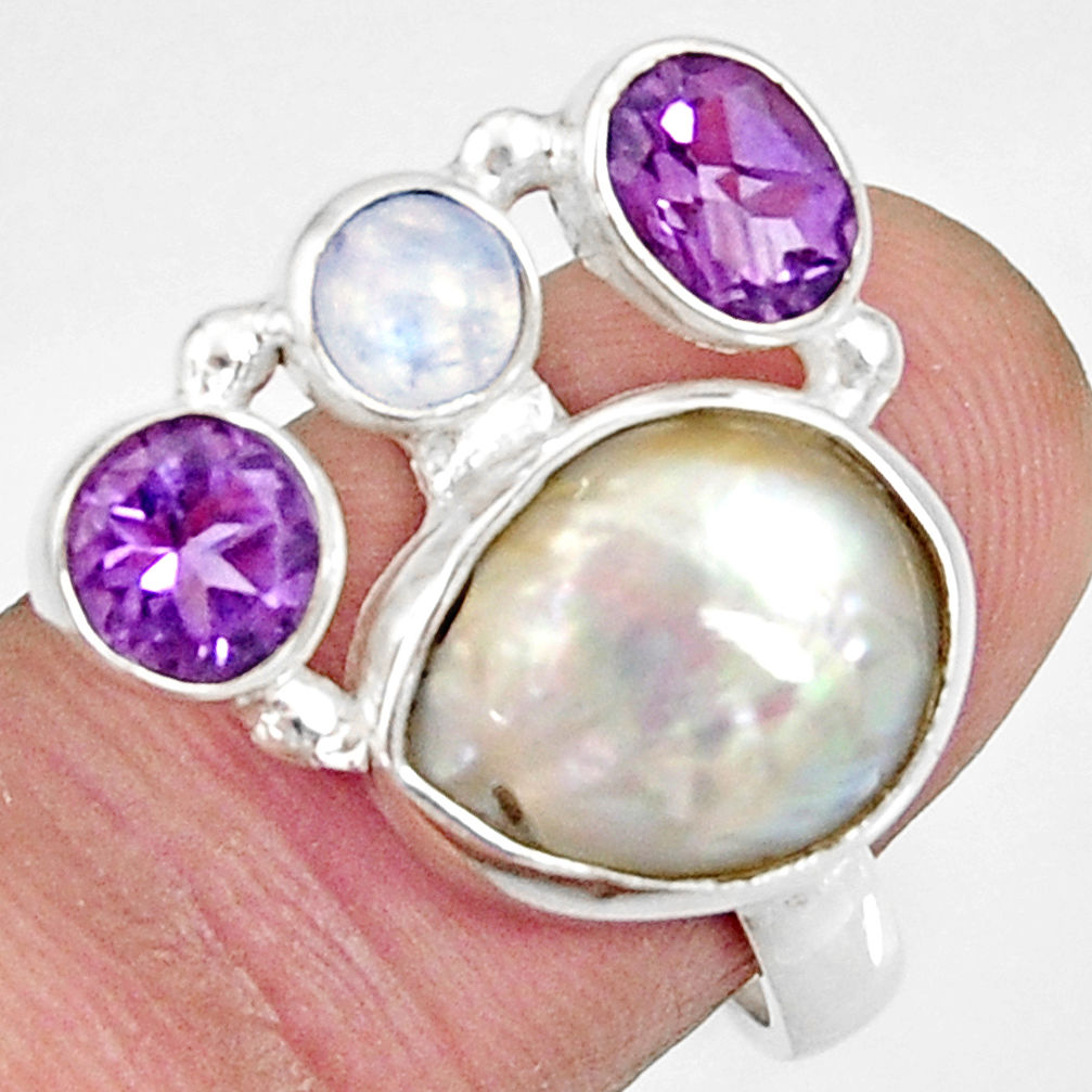 10.30cts natural white biwa pearl moonstone 925 silver ring size 7.5 d35669