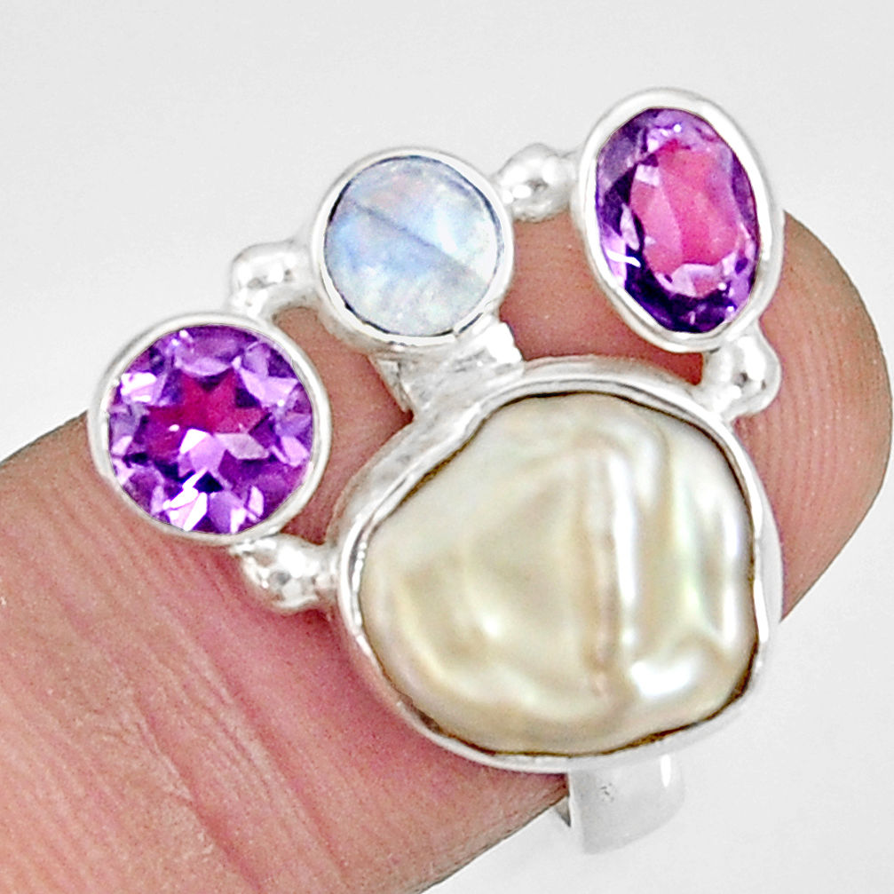 9.72cts natural white biwa pearl moonstone amethyst silver ring size 7 d35673