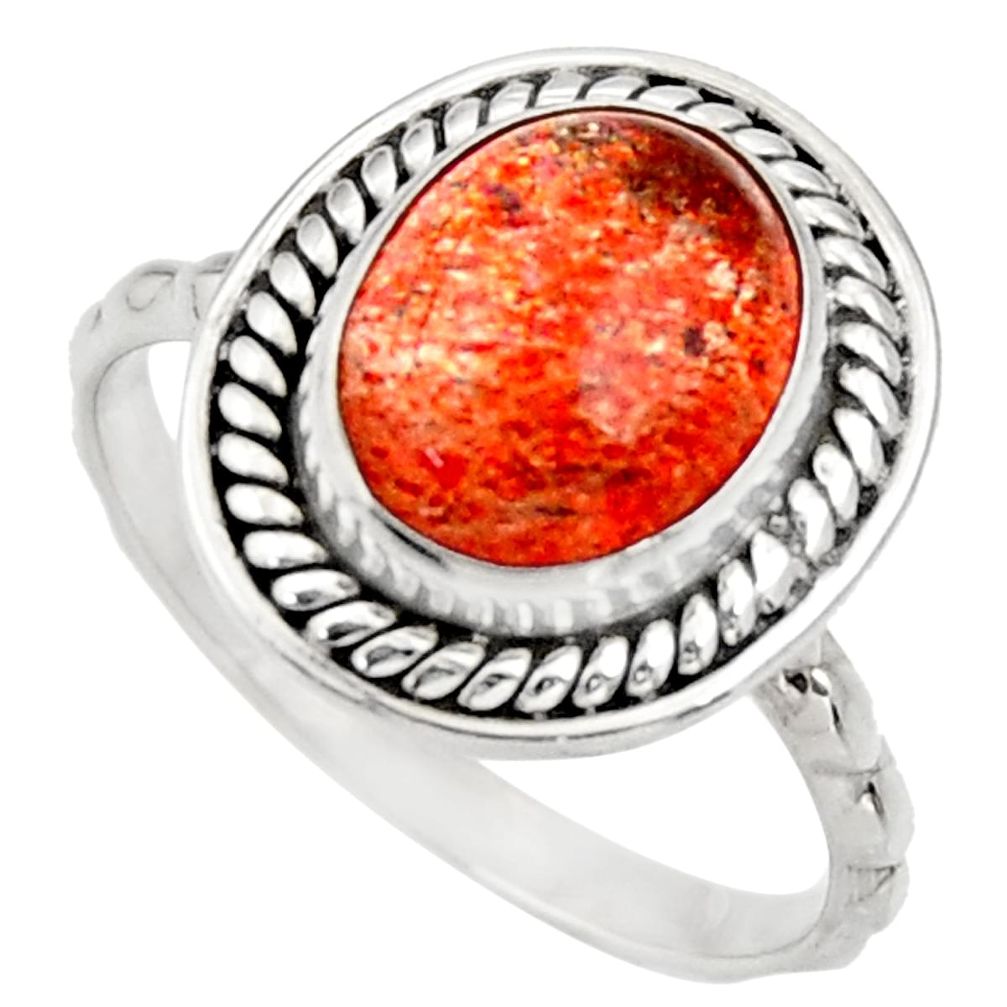925 silver 4.90cts natural orange sunstone oval solitaire ring size 7.5 d35772