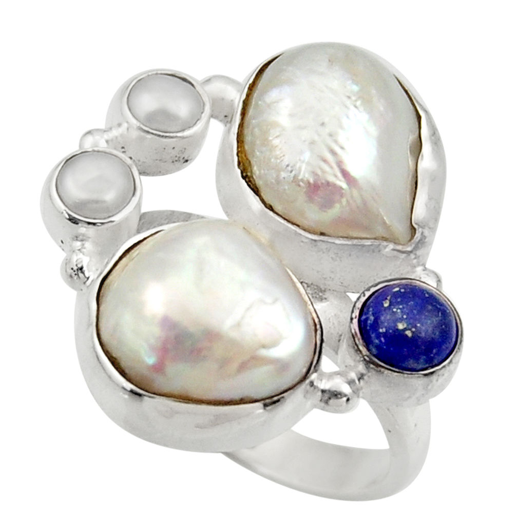  white biwa pearl lapis lazuli 925 silver ring size 7.5 d35823