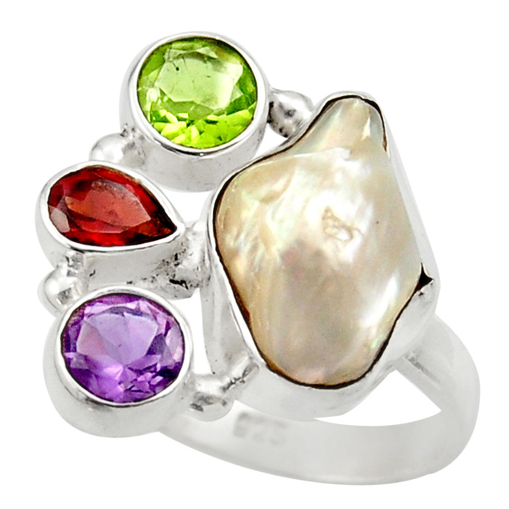 11.92cts natural white biwa pearl amethyst garnet 925 silver ring size 8 d35825