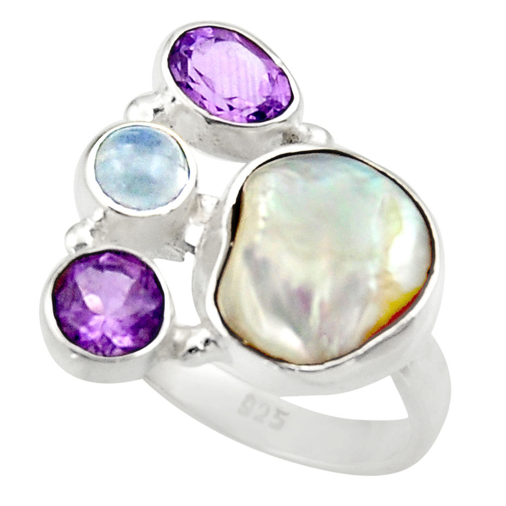 925 silver 11.37cts natural white biwa pearl purple amethyst ring size 8 d35826