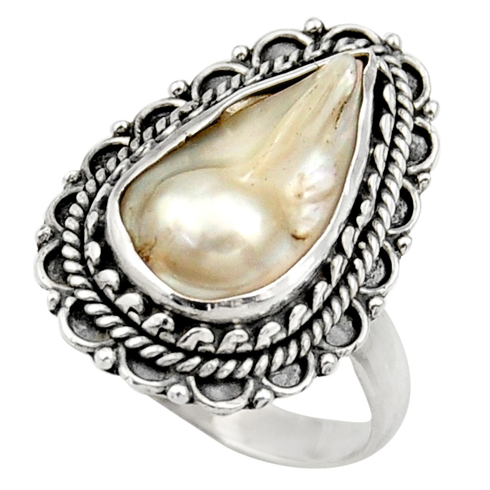 6.84cts natural white biwa pearl 925 sterling silver ring size 7.5 d35831