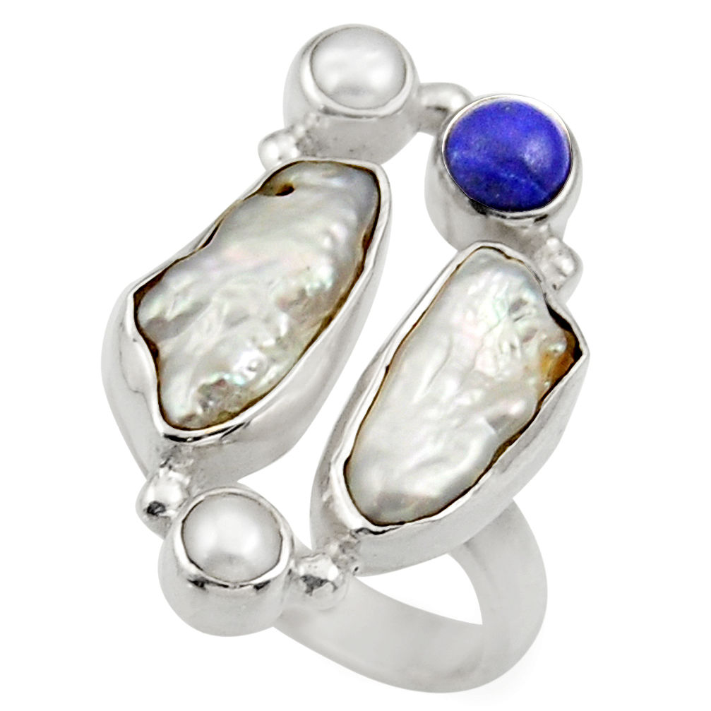  white biwa pearl lapis lazuli 925 silver ring size 7 d35834