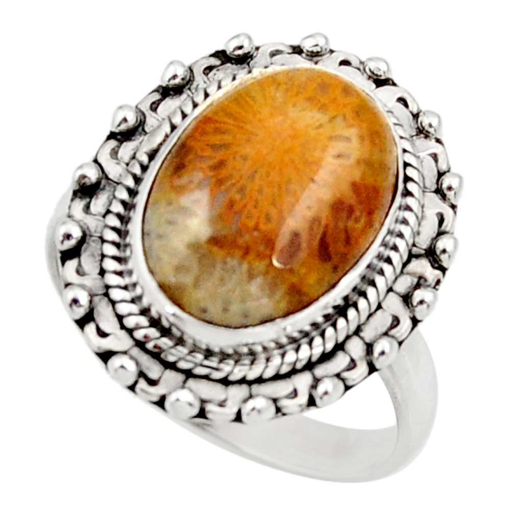 6.58cts natural fossil coral petoskey stone silver solitaire ring size 8 d35903