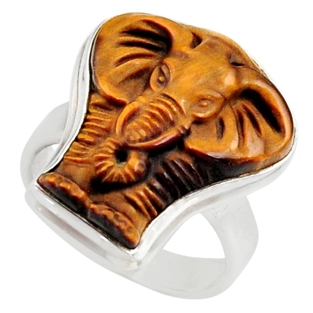 15.05cts natural brown tiger's eye 925 silver elephant ring size 6.5 d35945