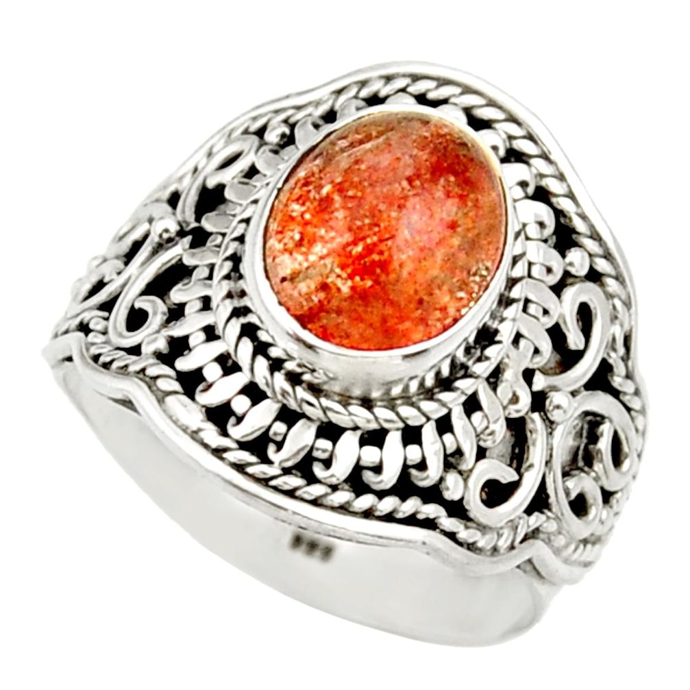 4.67cts natural orange sunstone 925 silver solitaire ring size 7.5 d36022