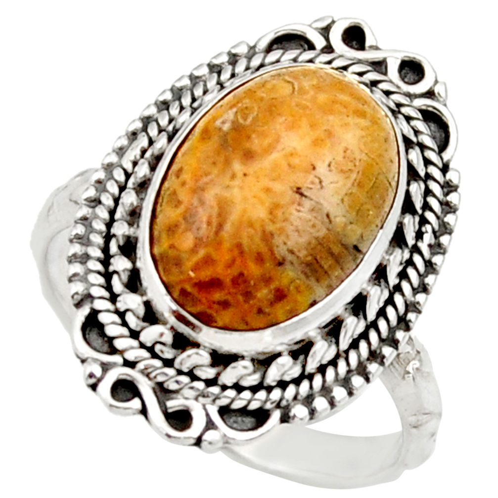 Natural fossil coral petoskey stone 925 silver solitaire ring size 8.5 d36032