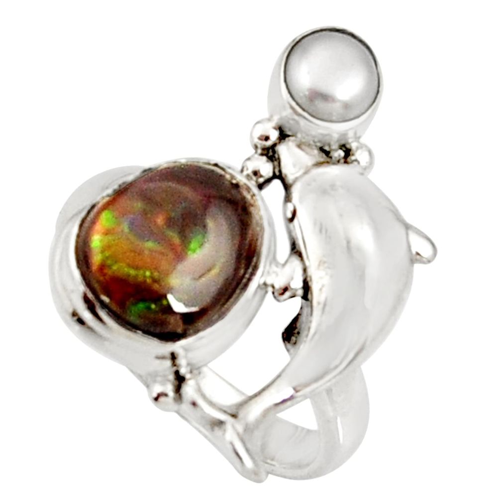 925 silver 5.18cts natural mexican fire agate pearl dolphin ring size 7.5 d37513