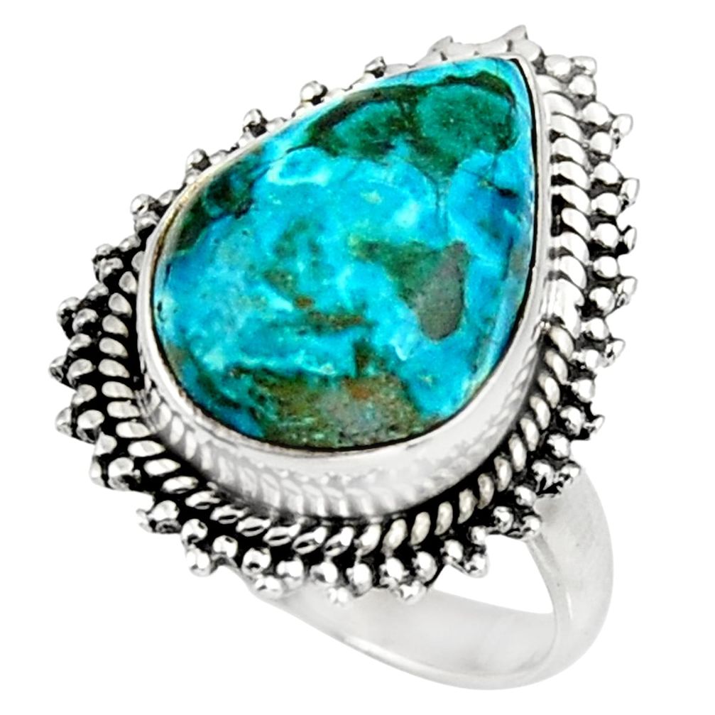 925 silver 9.61cts natural blue shattuckite pear solitaire ring size 6.5 d38995