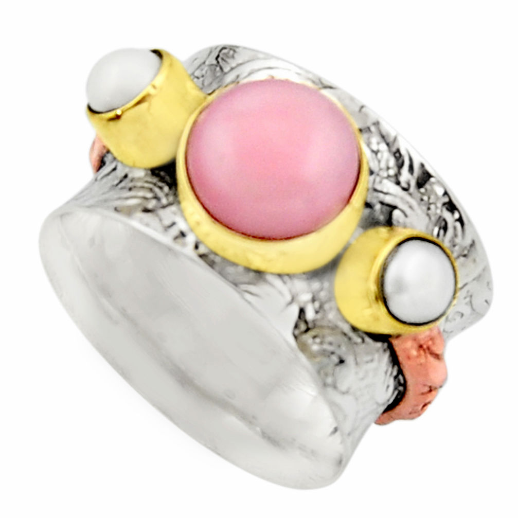 5.10cts victorian natural pink opal pearl 925 silver two tone ring size 7 r17354