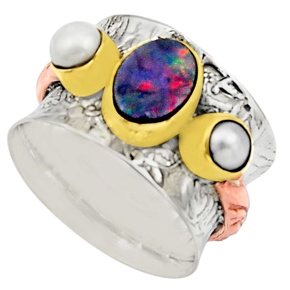 Victorian natural doublet opal australian 925 silver two tone ring size 6 r17359